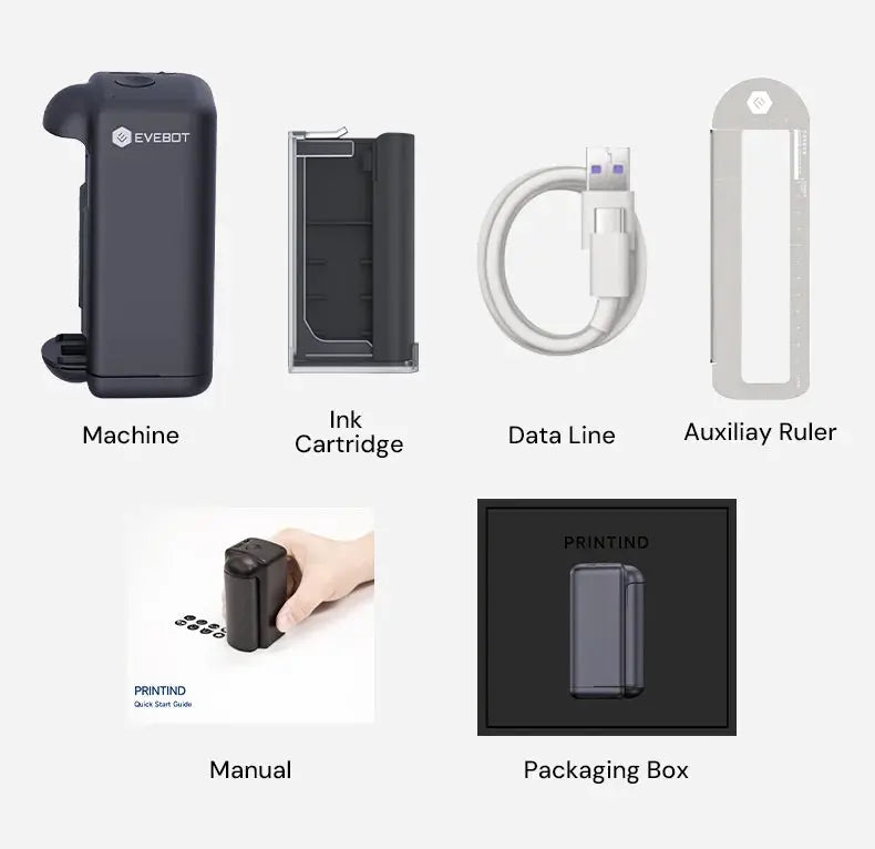 Evebot PrintInd — 可攜式手持式噴墨印表機噴碼機,搭配快乾墨水匣,適用於各種材質表面列印 Evebot